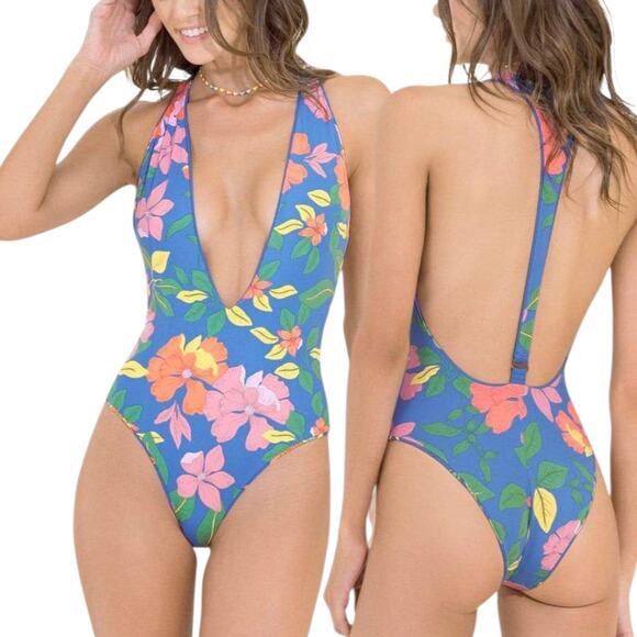 Maaji One Piece Swimsuit Maya Blue Tiki Plunge Reversible Floral Racerback - Picture 14 of 14
